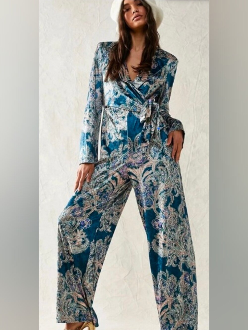 Free People Delphine Jumpsuit Teal Paisley Velvet Wrap Front Wide Leg Size LG